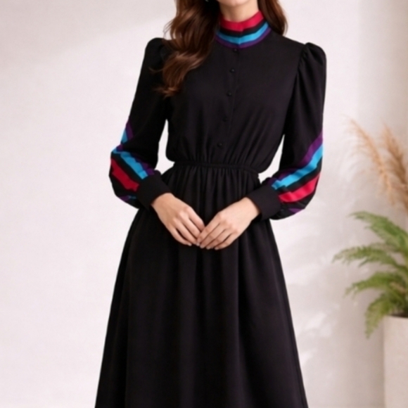 Benee | Vintage Black Semi-Sheer Midi Dress | Red & Turquoise Accent Collar - Picture 5 of 12